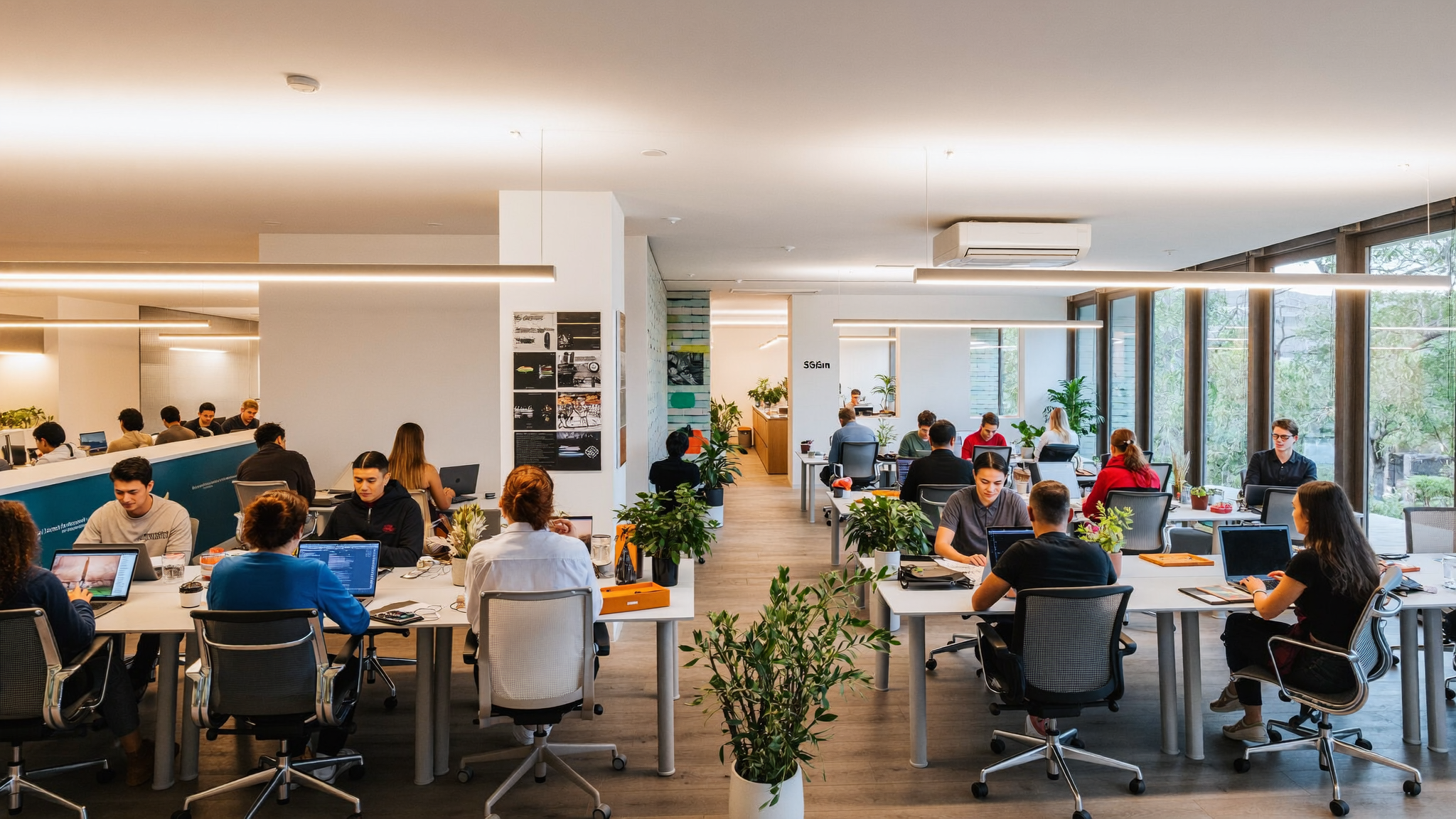 Coworking en España con puestos flexibles y profesionales trabajando en un espacio luminoso