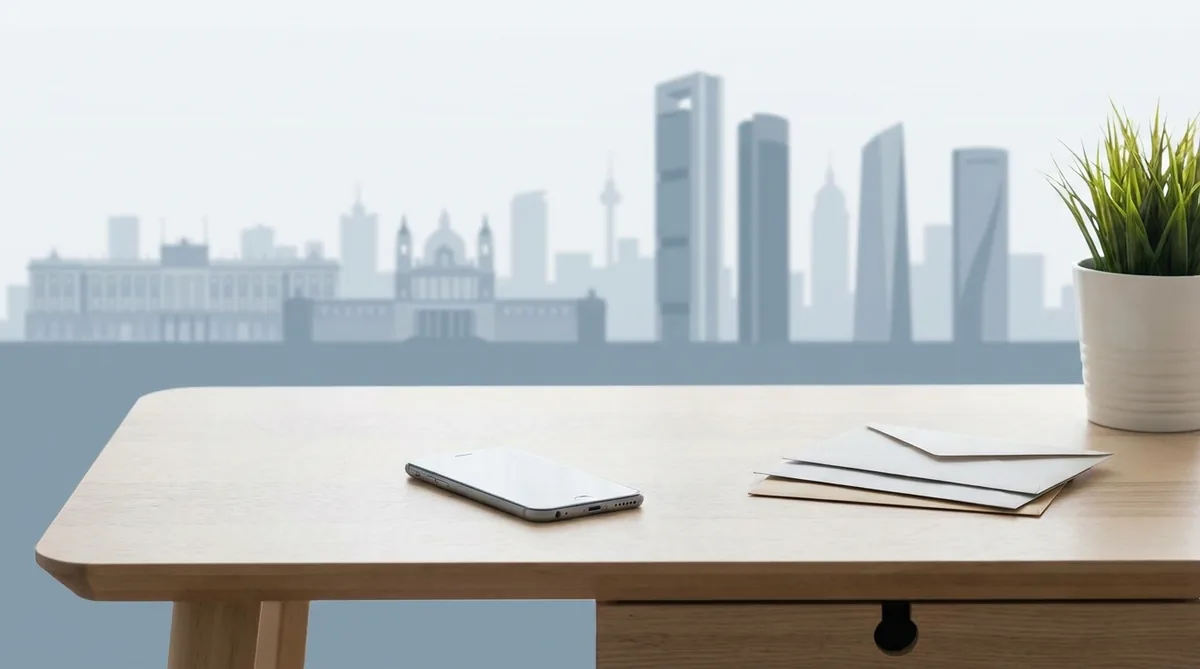Concepto de oficina virtual con escritorio y skyline de Madrid