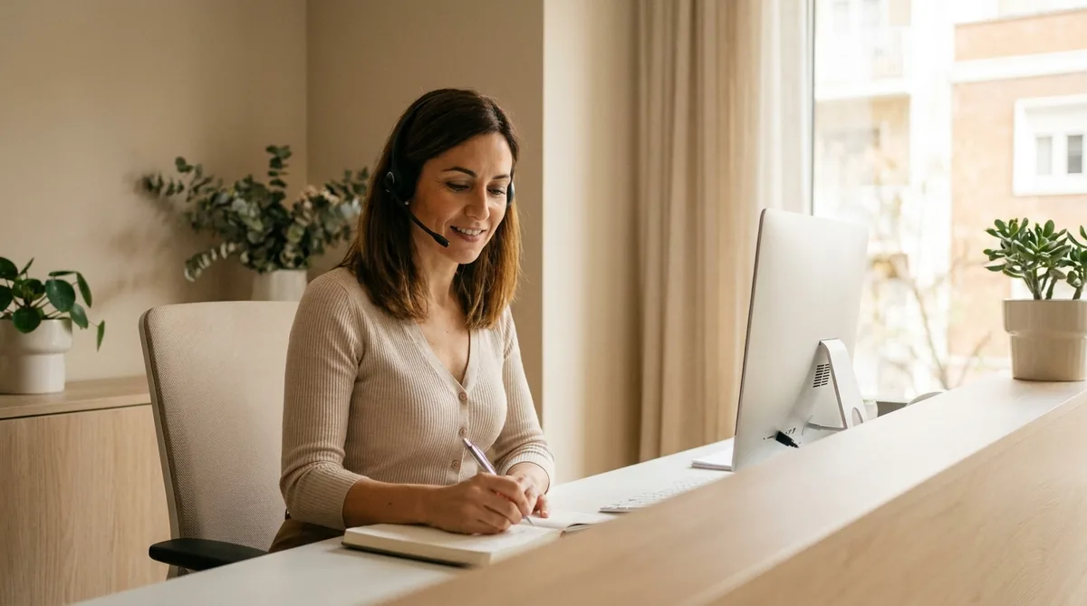 Telesecretaria atendiendo una llamada en la recepción de un centro de negocios